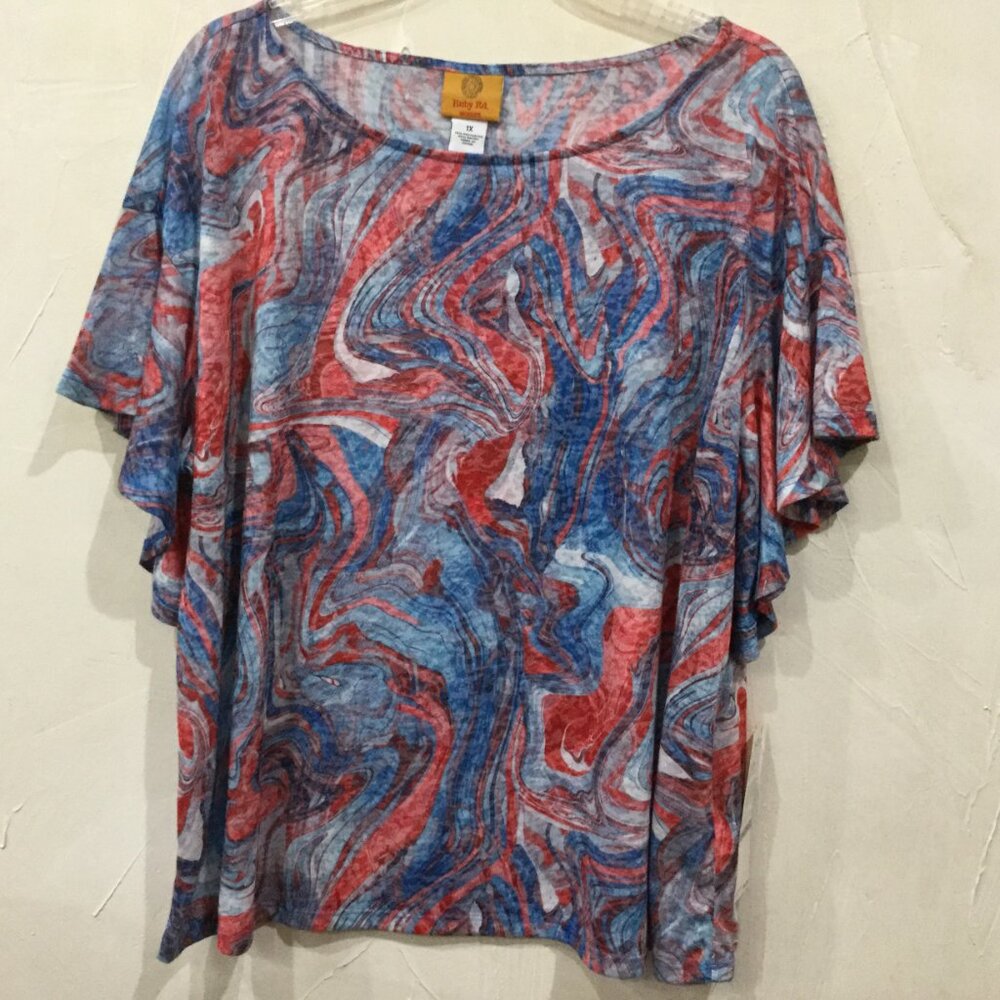 Ruby Rd. Women Size 1X Short Flutter Sleeve Top Blouse patriotic red white blue